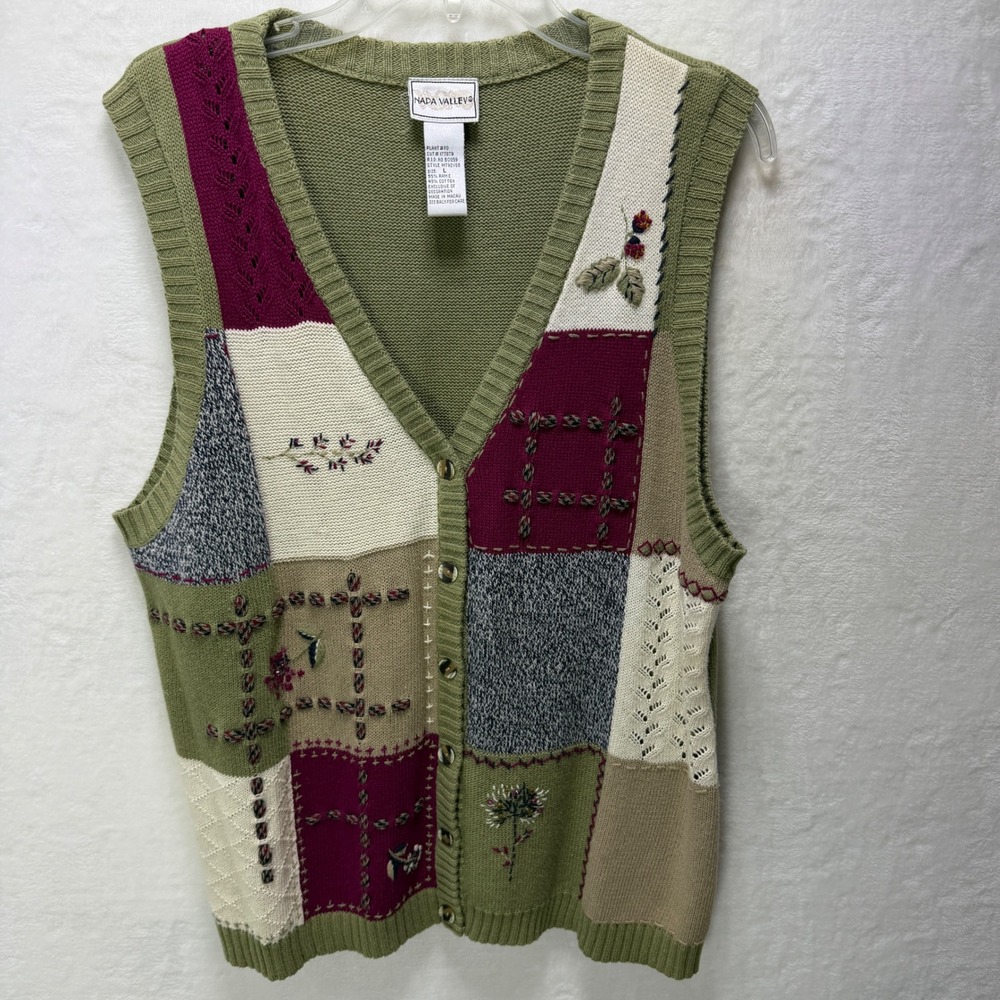 Napa Valley Womens Large Patchwork Floral Embroidered Button Front Sweater Vest